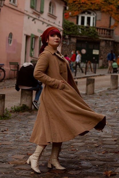 Camel Wool A-Line Coat - Double Breasted Fit & Flare 2468