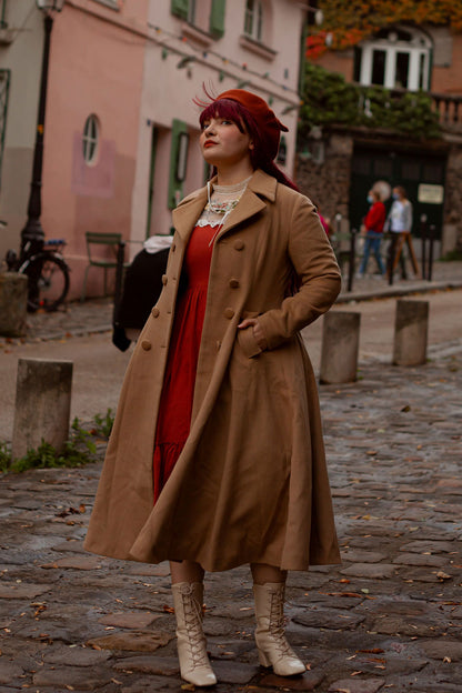 Camel Wool A-Line Coat - Double Breasted Fit & Flare 2468