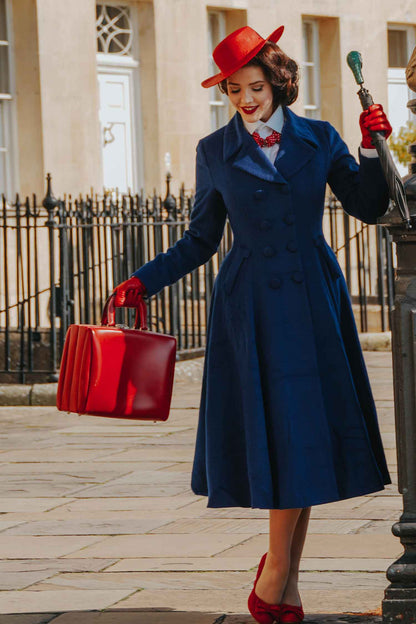 Handmade Navy Wool Coat – Double-Breasted Vintage Maxi Overcoat | Xiaolizi 2469