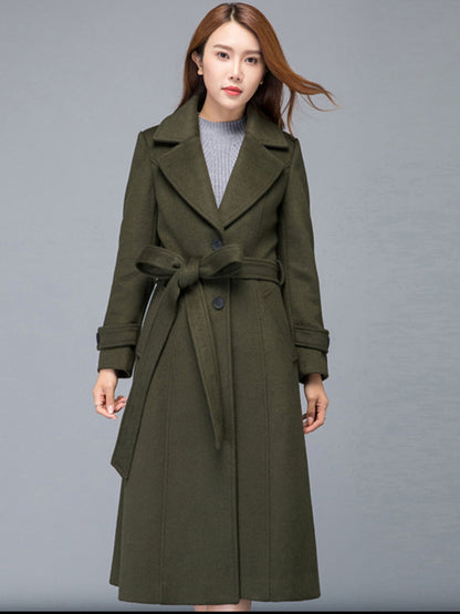 Army Green Wool Midi Coat - Fit & Flare Silhouette with Belt 2476