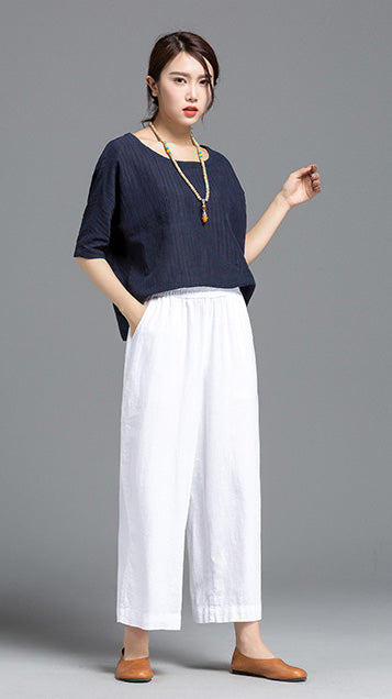White Linen Wide Leg Pants - Elastic Waist, Above Ankle Length 2610