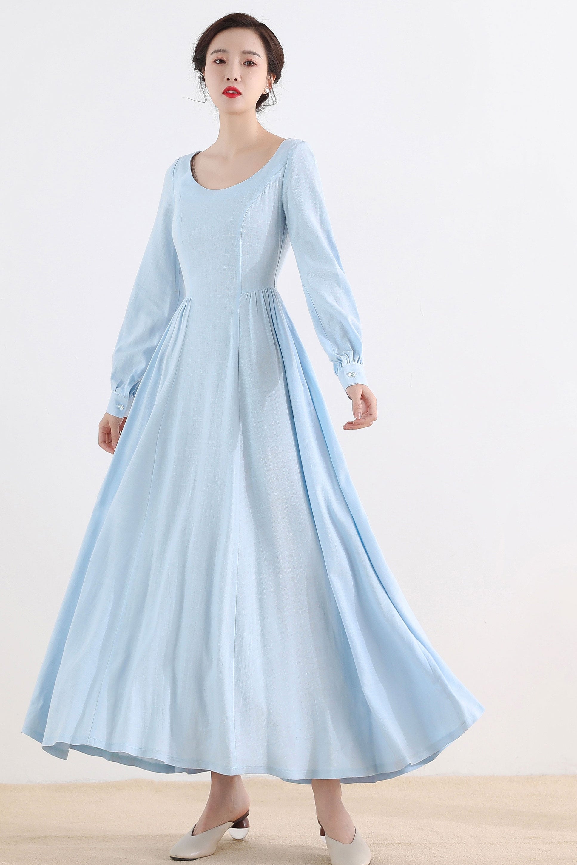 Blue Linen Maxi Dress Vintage Medieval Long Sleeve Dress 2508 Xiaolizi Blue Linen Maxi Dress Vintage Medieval Long Sleeve Dress 2508 Xiaolizi