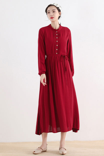 Wine Red Linen Blend Shirt Maxi Dress - Pleated Swing Silhouette 2509