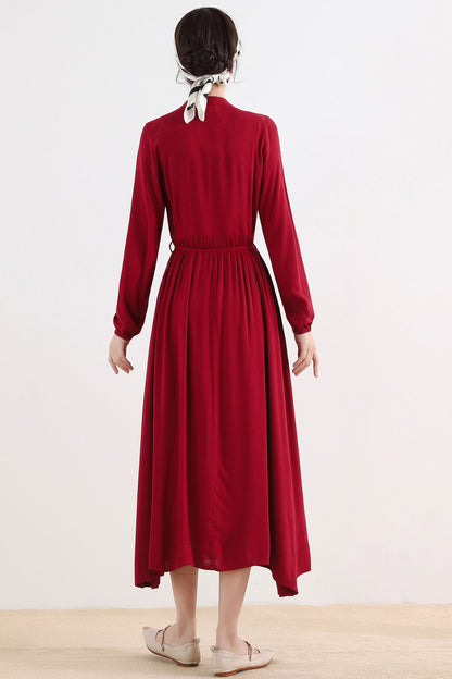 Wine Red Linen Blend Shirt Maxi Dress - Pleated Swing Silhouette 2509