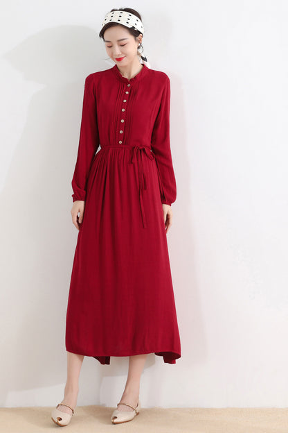 Wine Red Linen Blend Shirt Maxi Dress - Pleated Swing Silhouette 2509