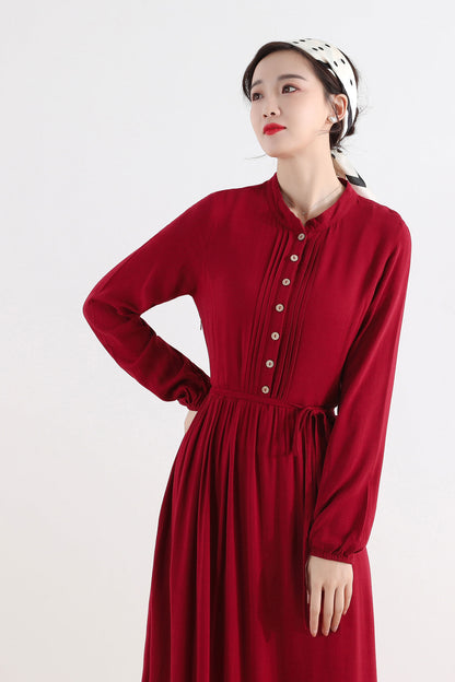 Wine Red Linen Blend Shirt Maxi Dress - Pleated Swing Silhouette 2509