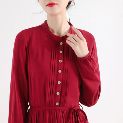 Wine Red Linen Blend Shirt Maxi Dress - Pleated Swing Silhouette 2509