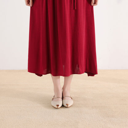 Wine Red Linen Blend Shirt Maxi Dress - Pleated Swing Silhouette 2509