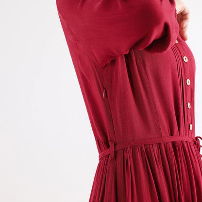 Wine Red Linen Blend Shirt Maxi Dress - Pleated Swing Silhouette 2509