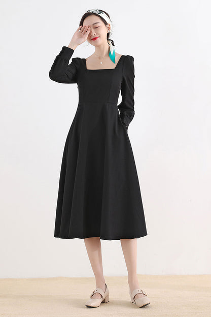 White Polyester Midi Dress - Square Neck Swing | Xiaolizi 2702