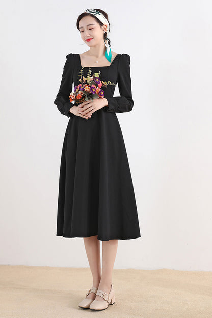 White Polyester Midi Dress - Square Neck Swing | Xiaolizi 2702