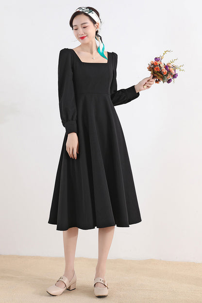 White Polyester Midi Dress - Square Neck Swing | Xiaolizi 2702