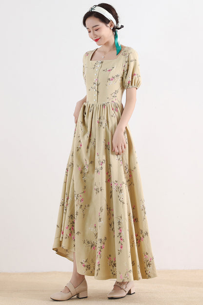 Beige Floral Linen Dress - Maxi Length with Puff Sleeve 2515