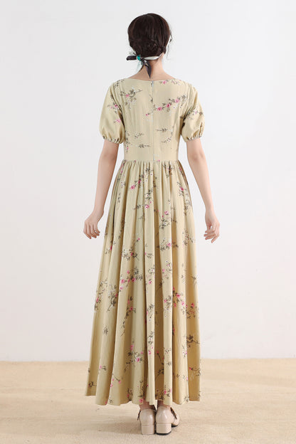 Beige Floral Linen Dress - Maxi Length with Puff Sleeve 2515
