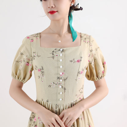 Beige Floral Linen Dress - Maxi Length with Puff Sleeve 2515