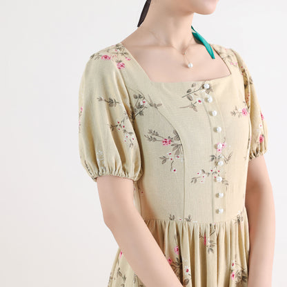 Beige Floral Linen Dress - Maxi Length with Puff Sleeve 2515
