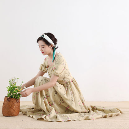 Beige Floral Linen Dress - Maxi Length with Puff Sleeve 2515