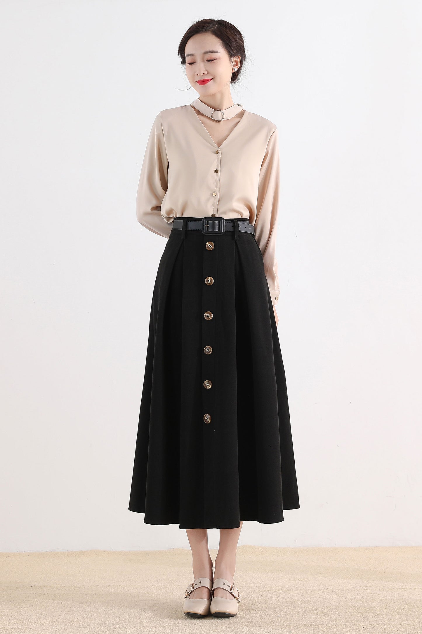 Button front A Line Black Wool Skirt 2516#