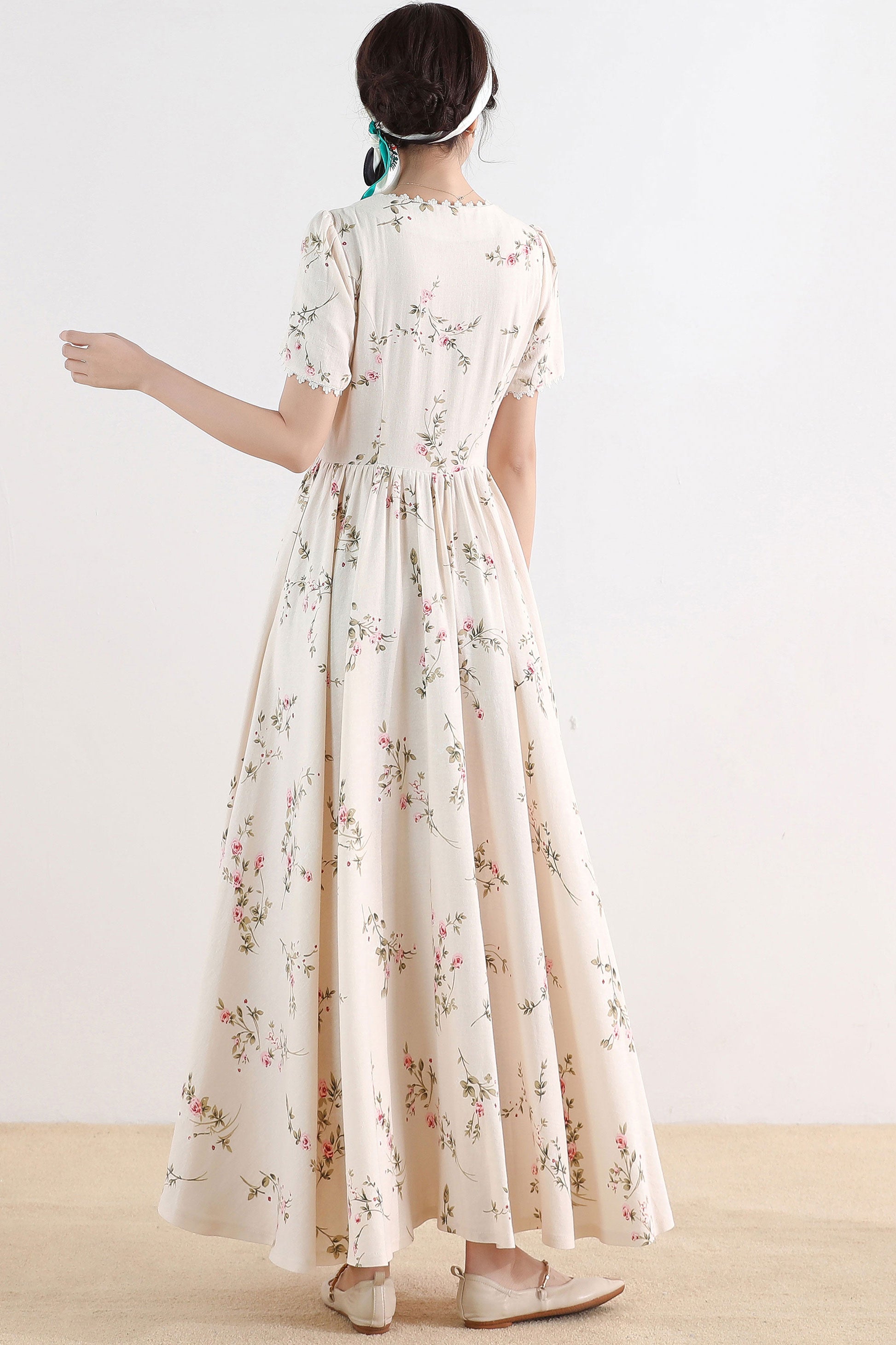 Floral Linen Maxi Cottagecore Dress 3009 Xiaolizi Floral Linen Maxi Cottagecore Dress 3009 Xiaolizi