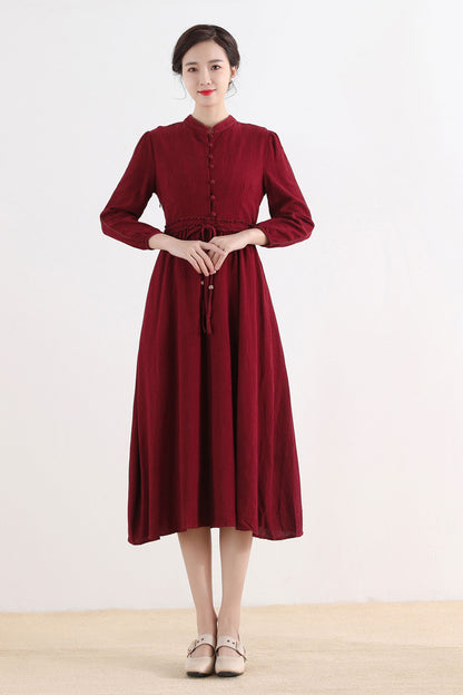 Red Cotton Linen Midi Dress - Vintage Inspired Button-Up 2519