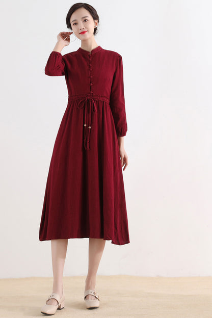 Red Cotton Linen Midi Dress - Vintage Inspired Button-Up 2519