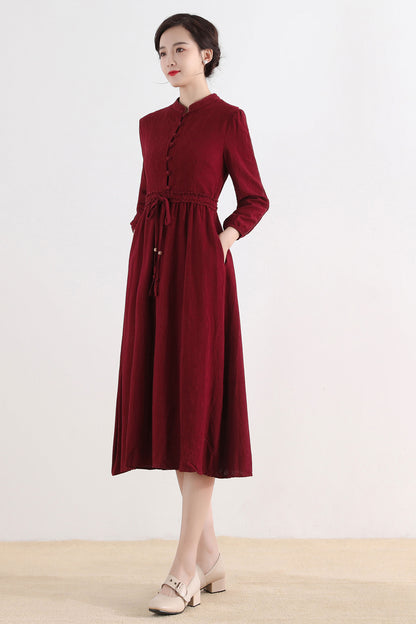 Red Cotton Linen Midi Dress - Vintage Inspired Button-Up 2519