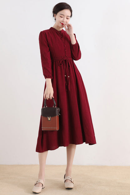 Red Cotton Linen Midi Dress - Vintage Inspired Button-Up 2519