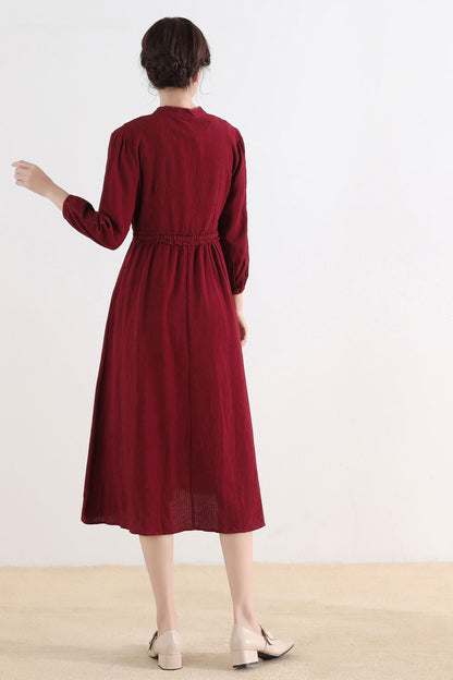 Red Cotton Linen Midi Dress - Vintage Inspired Button-Up 2519