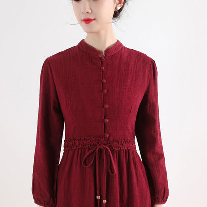 Red Cotton Linen Midi Dress - Vintage Inspired Button-Up 2519