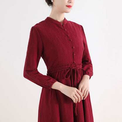 Red Cotton Linen Midi Dress - Vintage Inspired Button-Up 2519