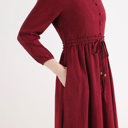 Red Cotton Linen Midi Dress - Vintage Inspired Button-Up 2519