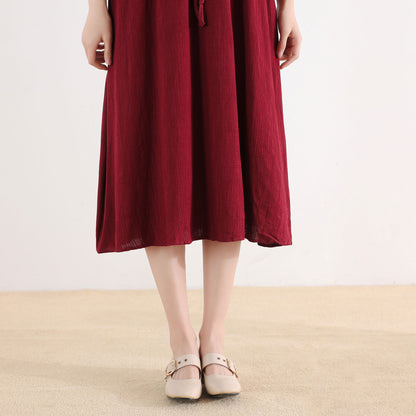 Red Cotton Linen Midi Dress - Vintage Inspired Button-Up 2519