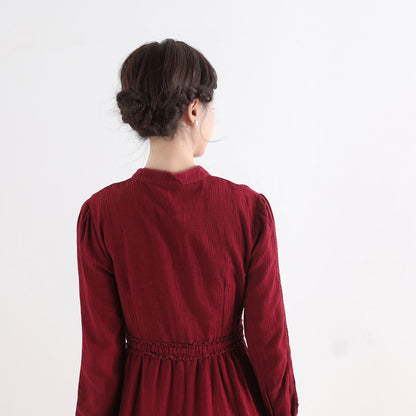Red Cotton Linen Midi Dress - Vintage Inspired Button-Up 2519