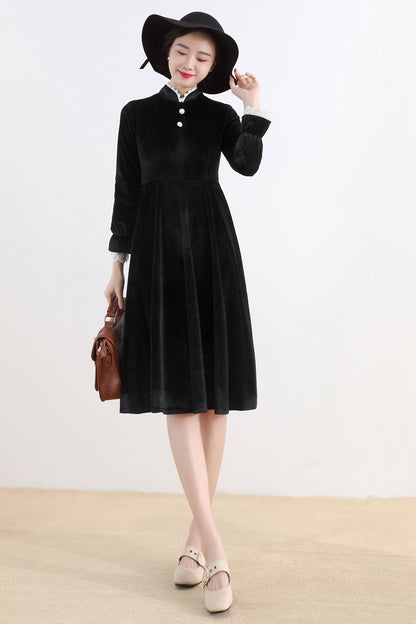 Black Velvet A-Line Dress - Elegant Back Zip Closure 2520