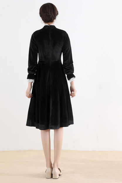 Black Velvet A-Line Dress - Elegant Back Zip Closure 2520