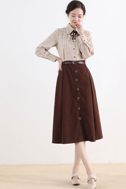 Brown Button Front Midi Skirt – Vintage A-Line Cotton Blend Skirt with Pockets 2521