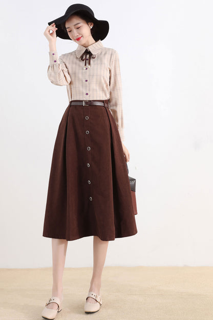 Brown Button Front Midi Skirt – Vintage A-Line Cotton Blend Skirt with Pockets 2521
