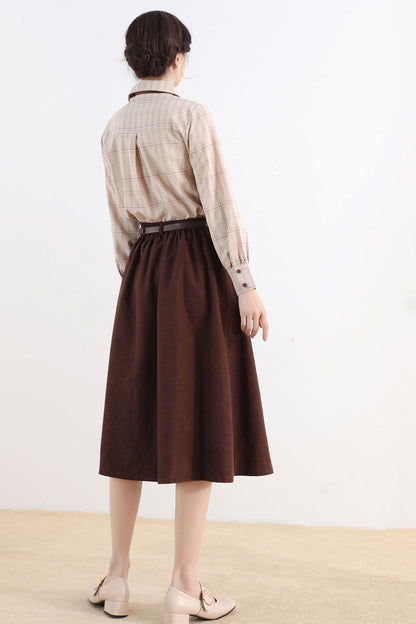 Brown Button Front Midi Skirt – Vintage A-Line Cotton Blend Skirt with Pockets 2521