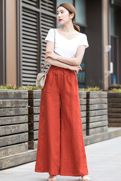 Linen Cotton Wide Leg Palazzo Pants - Elastic Waist Pockets | Xiaolizi 2526