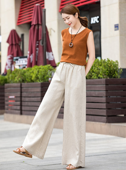 Linen Cotton Wide Leg Palazzo Pants - Elastic Waist Pockets | Xiaolizi 2526