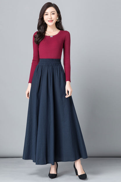 Blue Linen Cotton Maxi Skirt - High Waist Pleated Swing with Pockets 2532