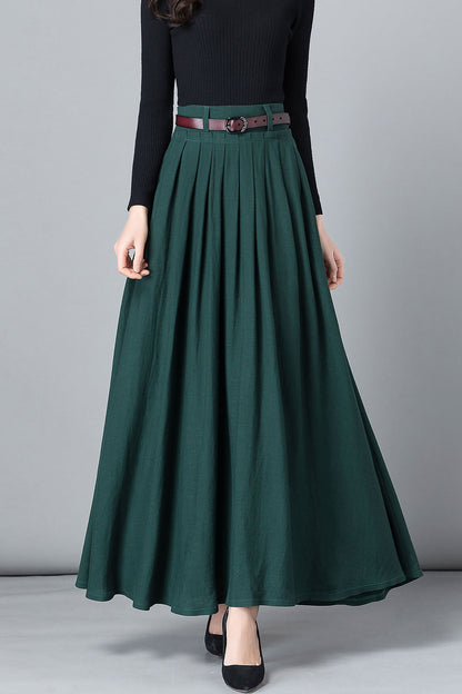 Green Linen Maxi Skirt - A-Line Pleated with Pockets 2536