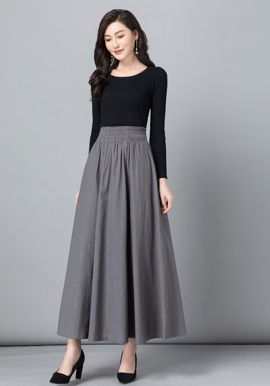 Gray High waist Long pleated Swing Skirt with pockets 2538#