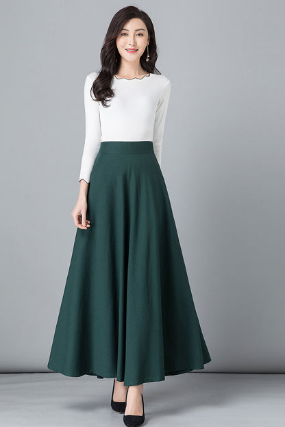 Army Green Linen Cotton Maxi Skirt - High Waist A-Line Silhouette 2543