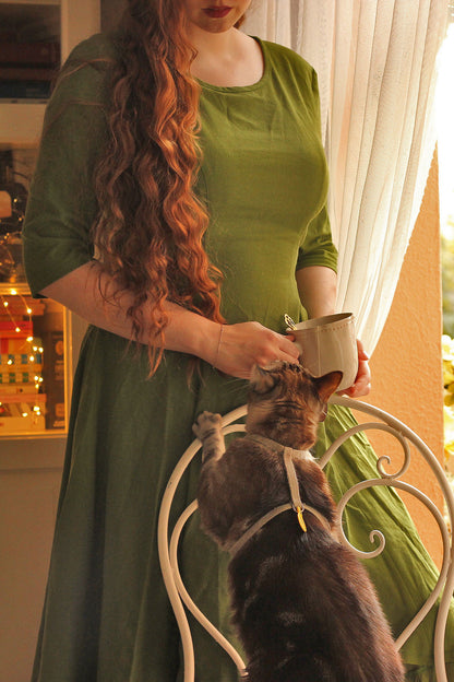 Vintage Green Linen High-Low Midi Dress with Chiffon Hem 2545