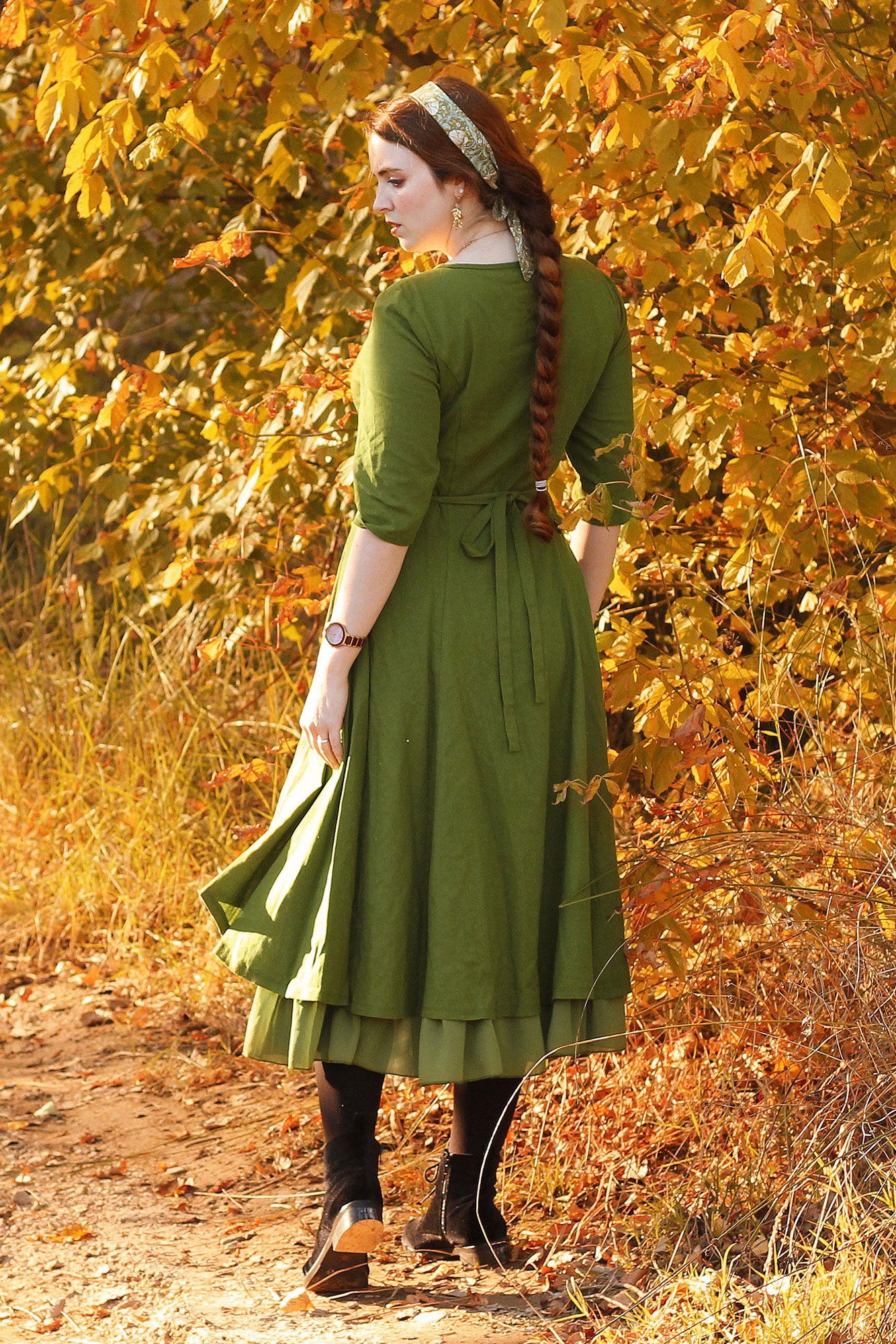 Green Midi Linen Swing dress with pockets 2545