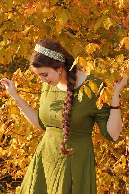 Vintage Green Linen High-Low Midi Dress with Chiffon Hem 2545
