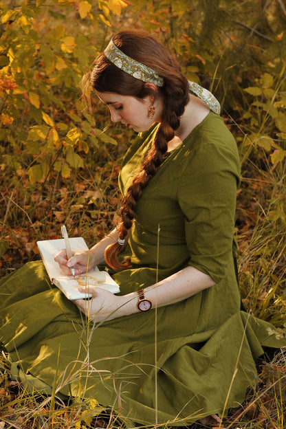 Vintage Green Linen High-Low Midi Dress with Chiffon Hem 2545