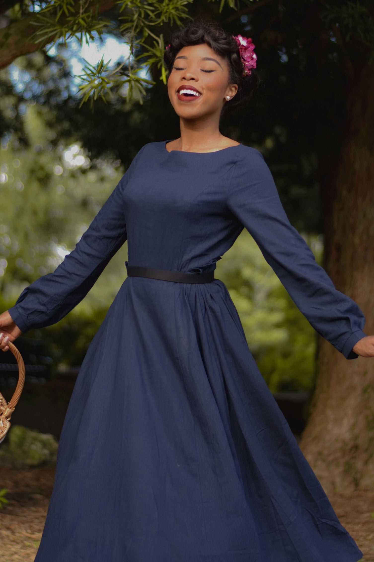 cotton linen dresses for women Blue Dress with Fitted Waist and Full Sleeves – Xiaolizi no-criteo Pockets Clothing Placket Posito Mini Dress Blue Color:Victorian Rose