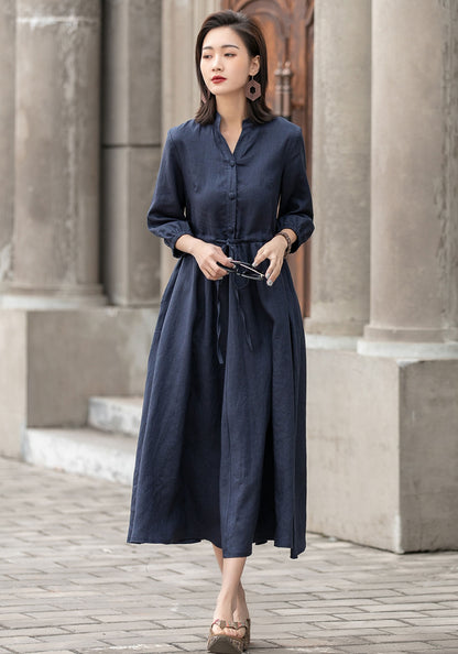 Navy Linen Blend Dress – Adjustable Waist Midi Shirt Dress for All Women | Xiaolizi 2594